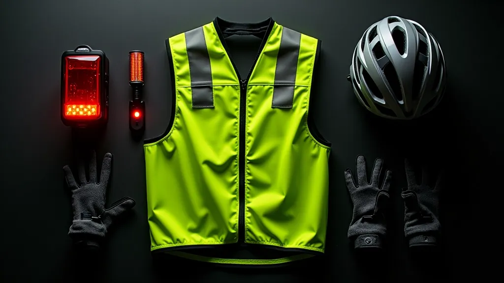 Kompletne wyposażenie bezpieczeństwa rowerowego: kask, kamizelka odblaskowa, światła przednie i tylne, elementy zabezpieczające