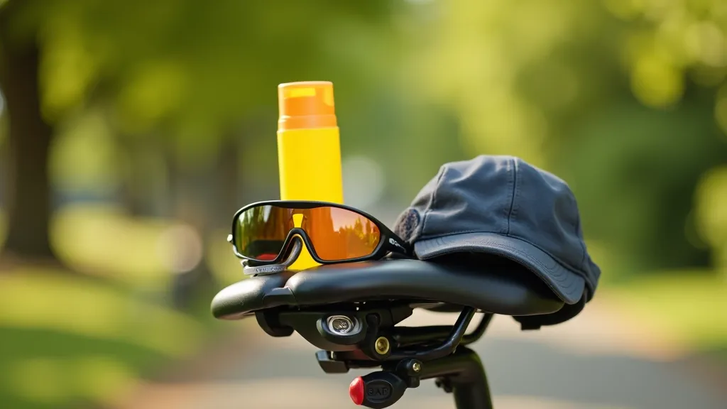 Krem do opalania, okulary przeciwsłoneczne i czapka rowerowa na rowerze w terenie