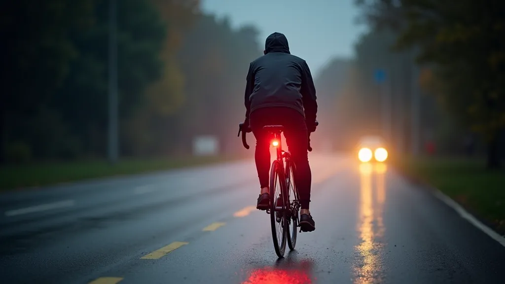 Rowerzysta jazdy w deszczu z włączonymi światłami, na mokrej drodze, bezpieczna pozycja na rowerze