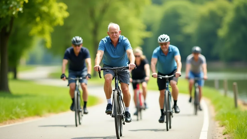 Grupa seniorów na rowerach na ścieżce wzdłuż rzeki Wisły, słoneczny dzień, zielone drzewa