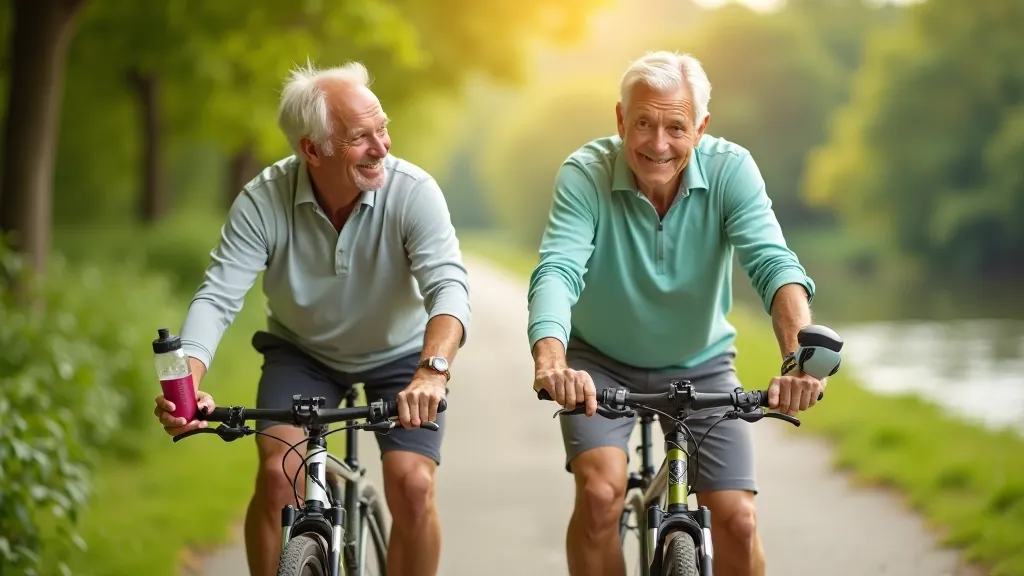 Para seniorów na rowerach trekkingowych jadąca razem wzdłuż rzeki