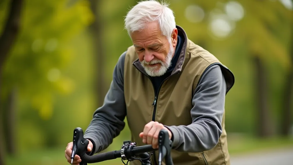 Senior mężczyzna w stroju rowerowym siedzi na rowerze trekkingowym w parku