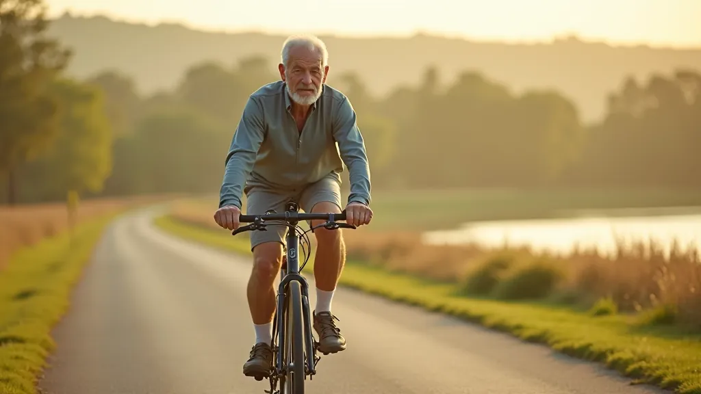 Senior mężczyzna na rowerze na ścieżce rowerowej wzdłuż rzeki, krajobraz Wisły w tle